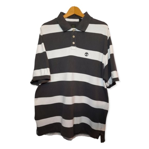 Y2K Timberland Striped Rugby Polo Shirt XL Gray White VTG 90s Streetwear Preppy - Picture 1 of 10